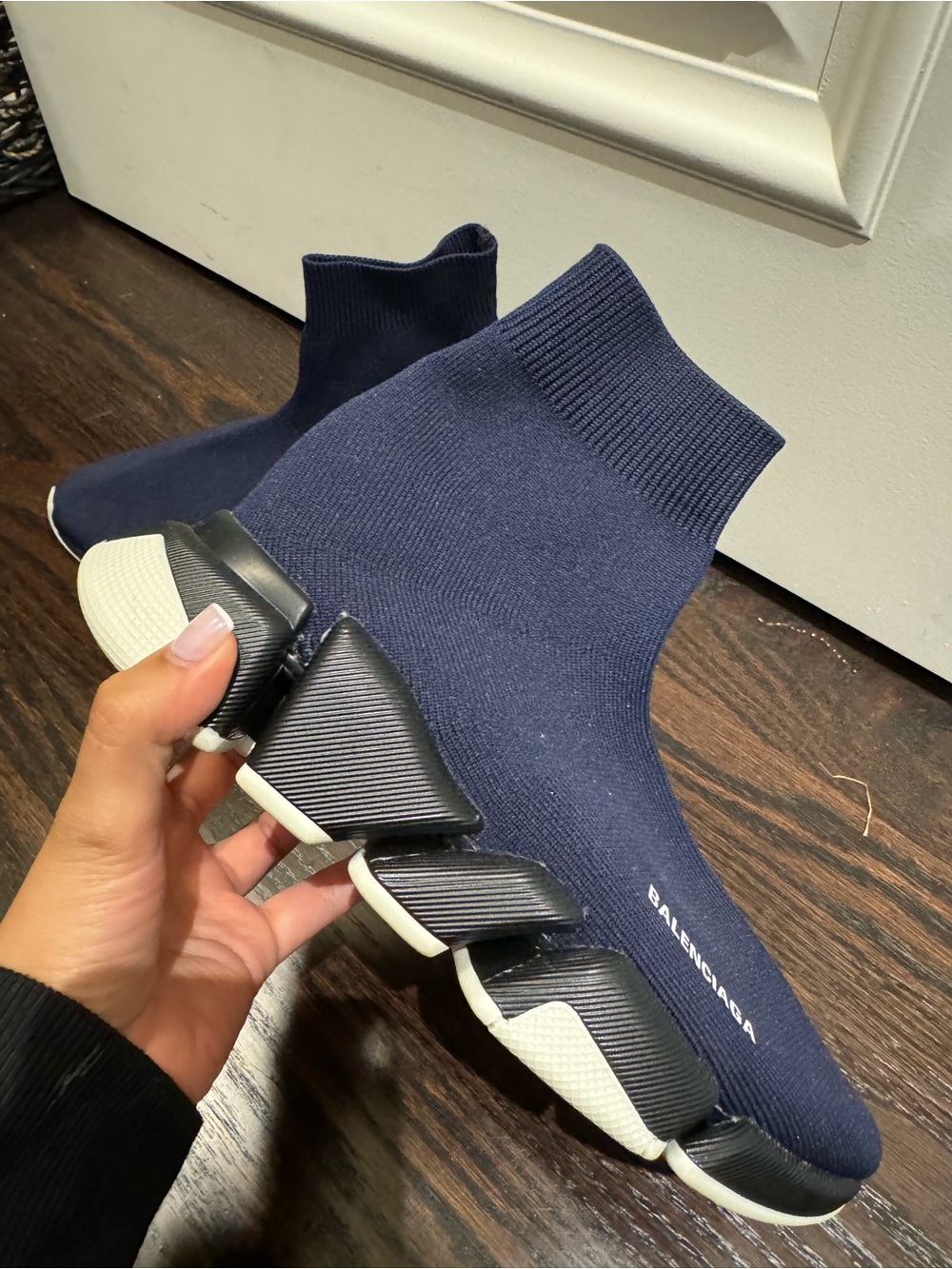 Balenciaga Navy Blue Sock-Style Sneakers with Black & White Sole